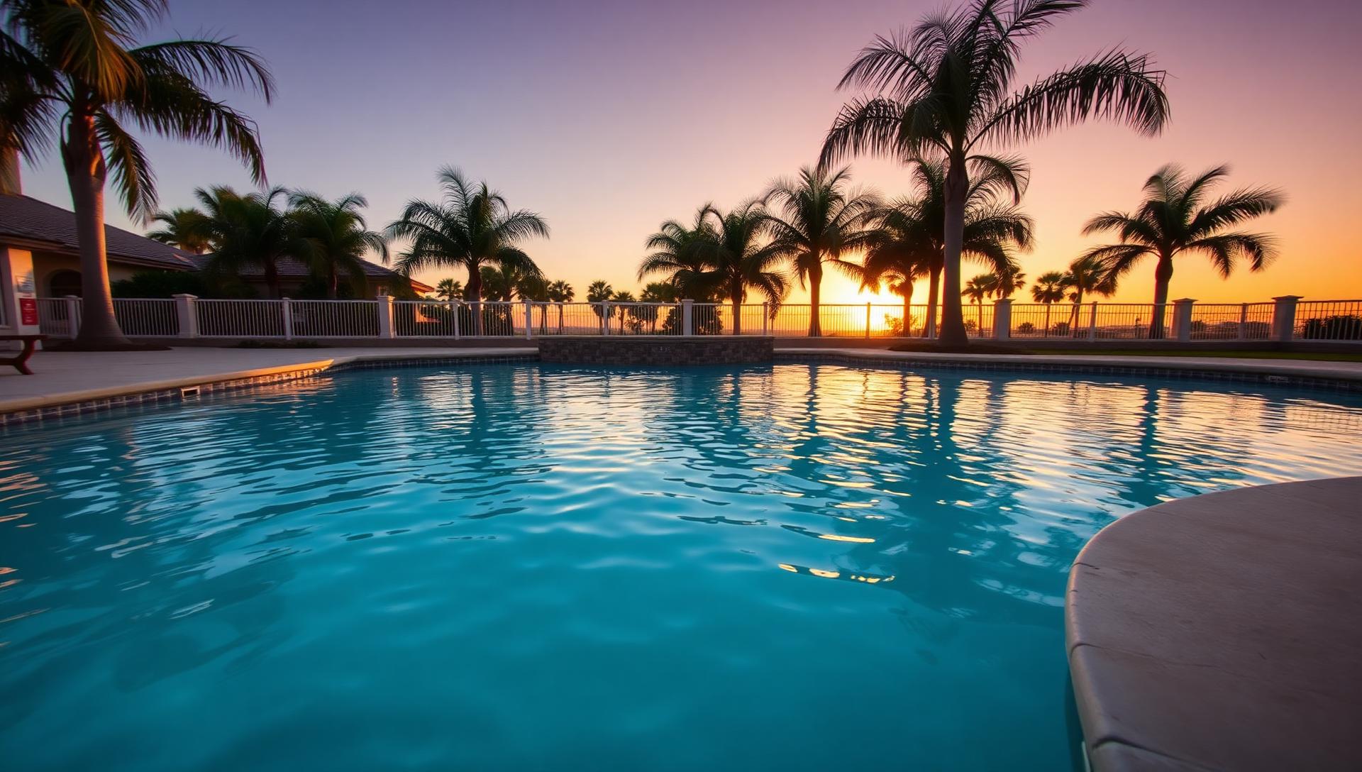 Pristine Orange County backyard pool at golden hour
